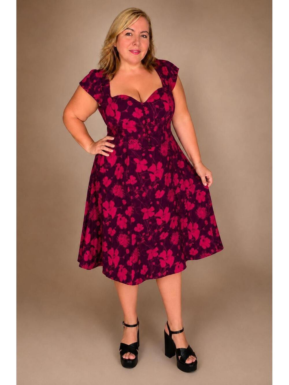By Anthropologie  Burgundy Floral Midi Dress with Cap Sleeves and Buttons 2x